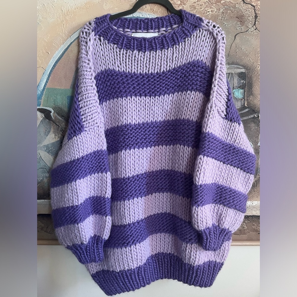 MR MITTENS 100 Percent Wool Purple Striped Knitted Chucky Oversized Sweater
